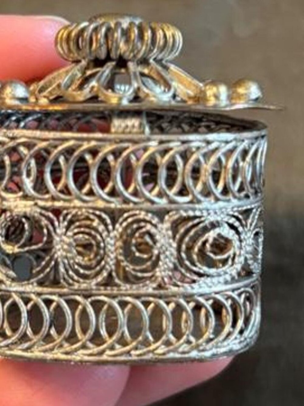 Vintage Filigree Pill Box Silver Toned Secret Compartment